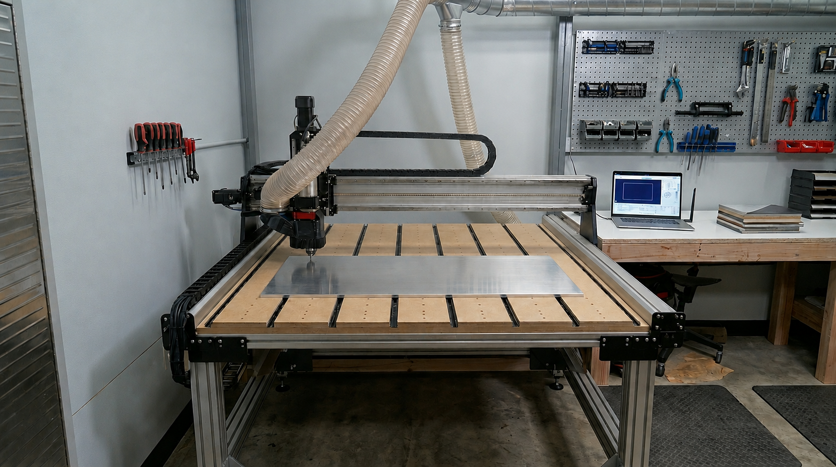 CNC router machining a custom avionics panel blank inside SAC Aero Design's Warrensburg, Missouri fabrication shop